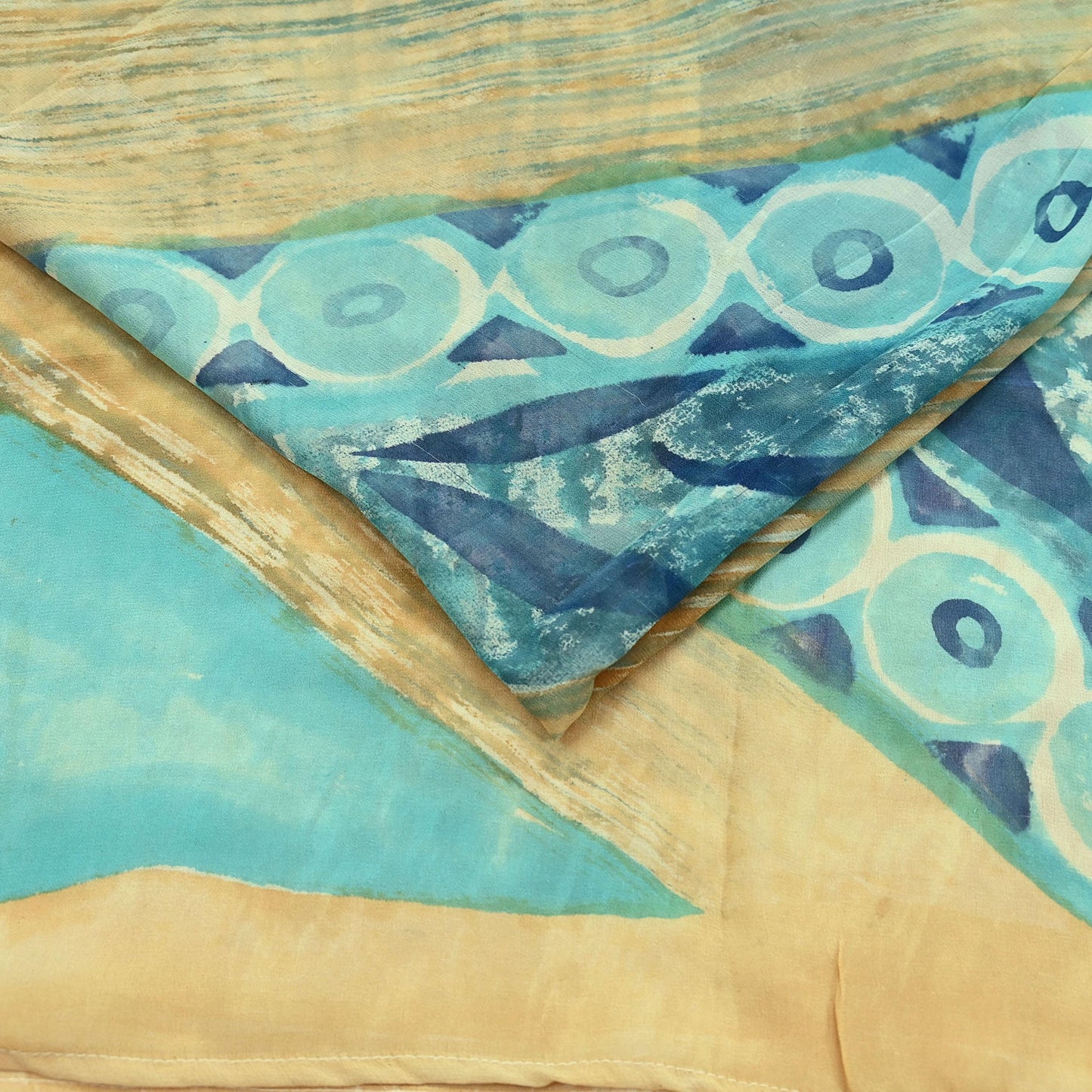 Women Vintage Sari Beige & Green 100% Pure Georgette Silk Block Printed Saree Craft Fabric Sewing 5Yd Soft Dress Making Quilting Upcycle