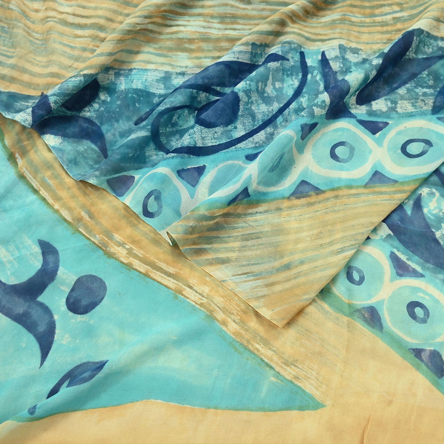 Women Vintage Sari Beige & Green 100% Pure Georgette Silk Block Printed Saree Craft Fabric Sewing 5Yd Soft Dress Making Quilting Upcycle