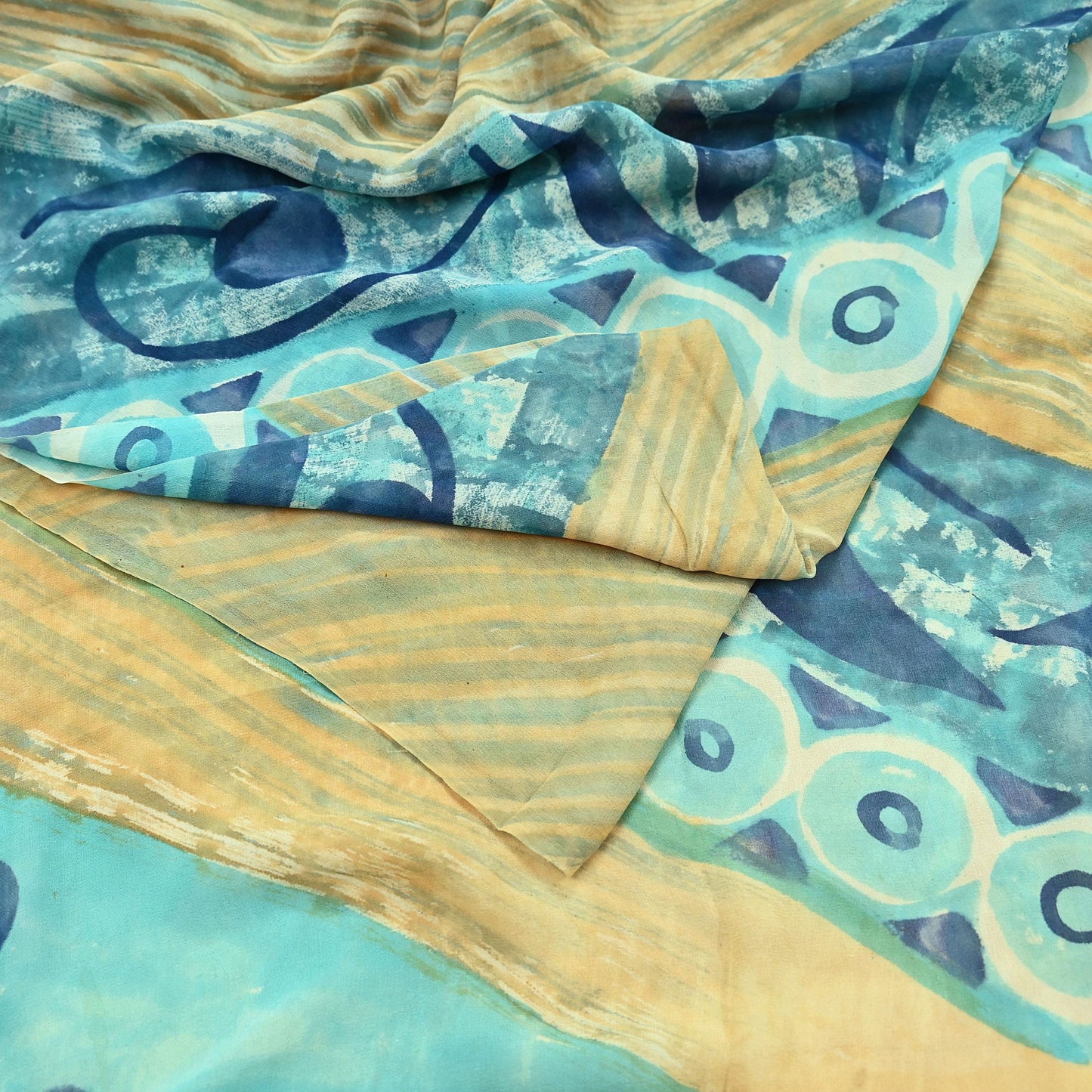 Women Vintage Sari Beige & Green 100% Pure Georgette Silk Block Printed Saree Craft Fabric Sewing 5Yd Soft Dress Making Quilting Upcycle