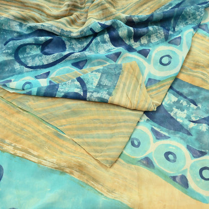 Women Vintage Sari Beige & Green 100% Pure Georgette Silk Block Printed Saree Craft Fabric Sewing 5Yd Soft Dress Making Quilting Upcycle