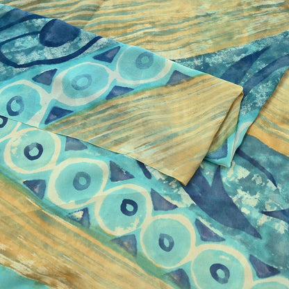 Women Vintage Sari Beige & Green 100% Pure Georgette Silk Block Printed Saree Craft Fabric Sewing 5Yd Soft Dress Making Quilting Upcycle