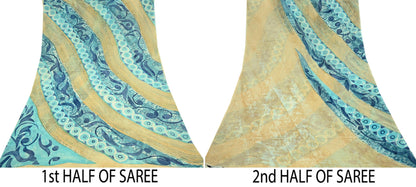 Women Vintage Sari Beige & Green 100% Pure Georgette Silk Block Printed Saree Craft Fabric Sewing 5Yd Soft Dress Making Quilting Upcycle