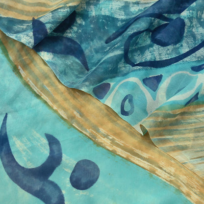 Women Vintage Sari Beige & Green 100% Pure Georgette Silk Block Printed Saree Craft Fabric Sewing 5Yd Soft Dress Making Quilting Upcycle