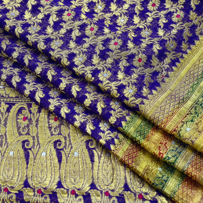 Indian Vintage Sari Heavy Purple Pure Organza Silk Woven Brocade Banarasi Sarees Zari 5Yd Ethnic Fabric Dress Making Wedding Sarees