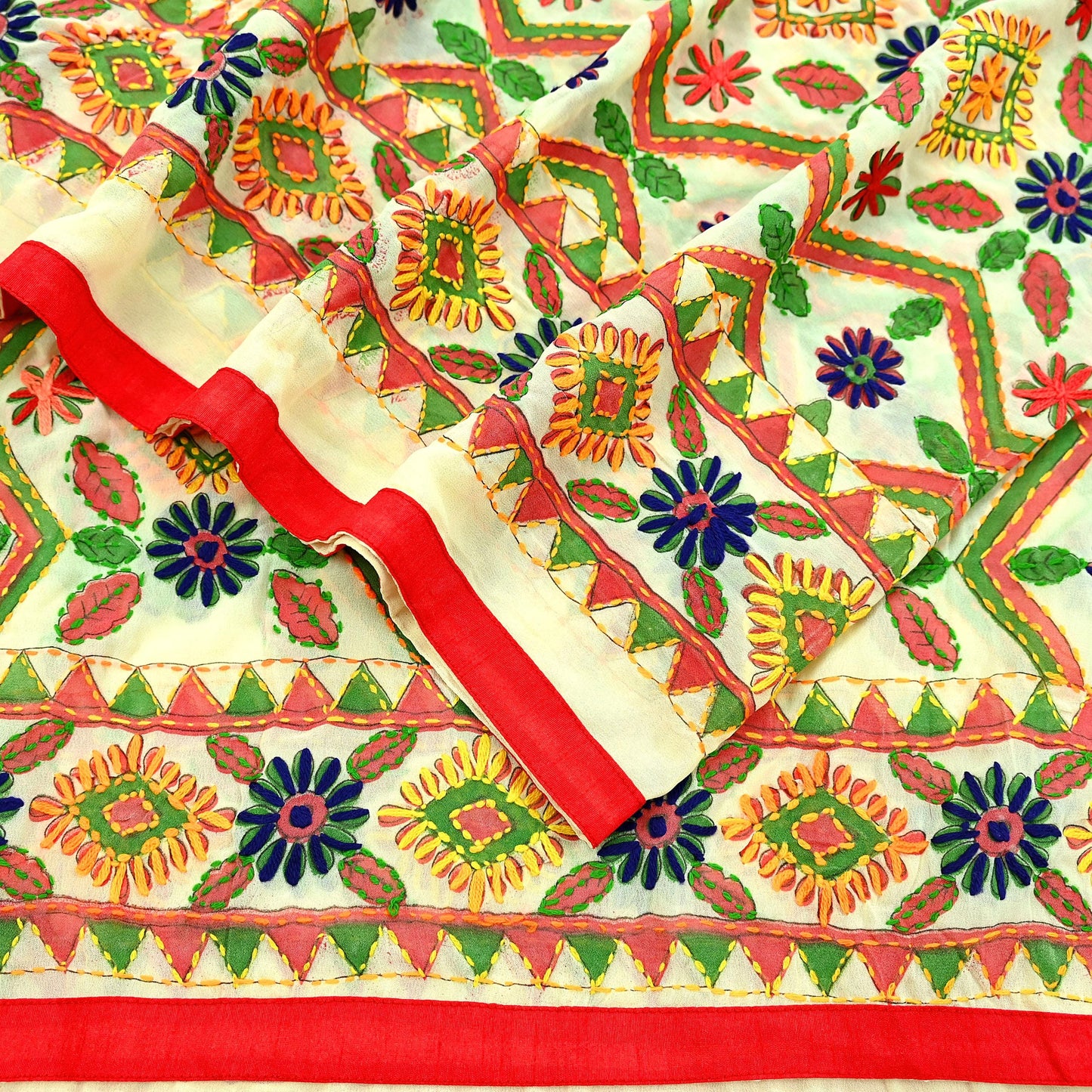 Indian Vintage Dupatta Ivory Long Stole Georgette Hand Embroidered Bagh Phulkari Stole Scarves Party wear