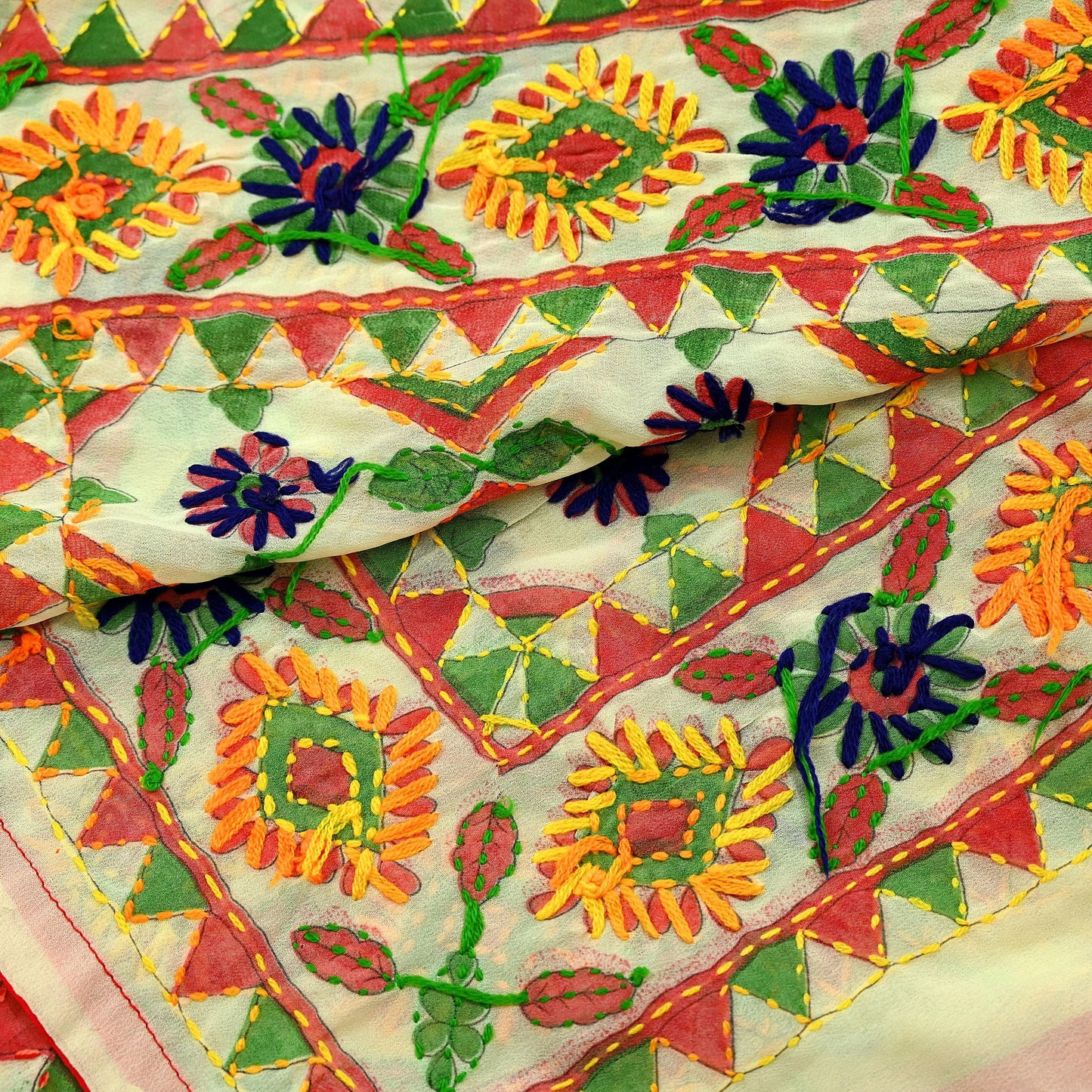 Indian Vintage Dupatta Ivory Long Stole Georgette Hand Embroidered Bagh Phulkari Stole Scarves Party wear