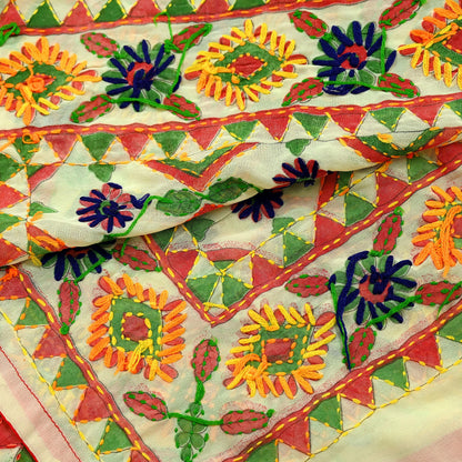 Indian Vintage Dupatta Ivory Long Stole Georgette Hand Embroidered Bagh Phulkari Stole Scarves Party wear