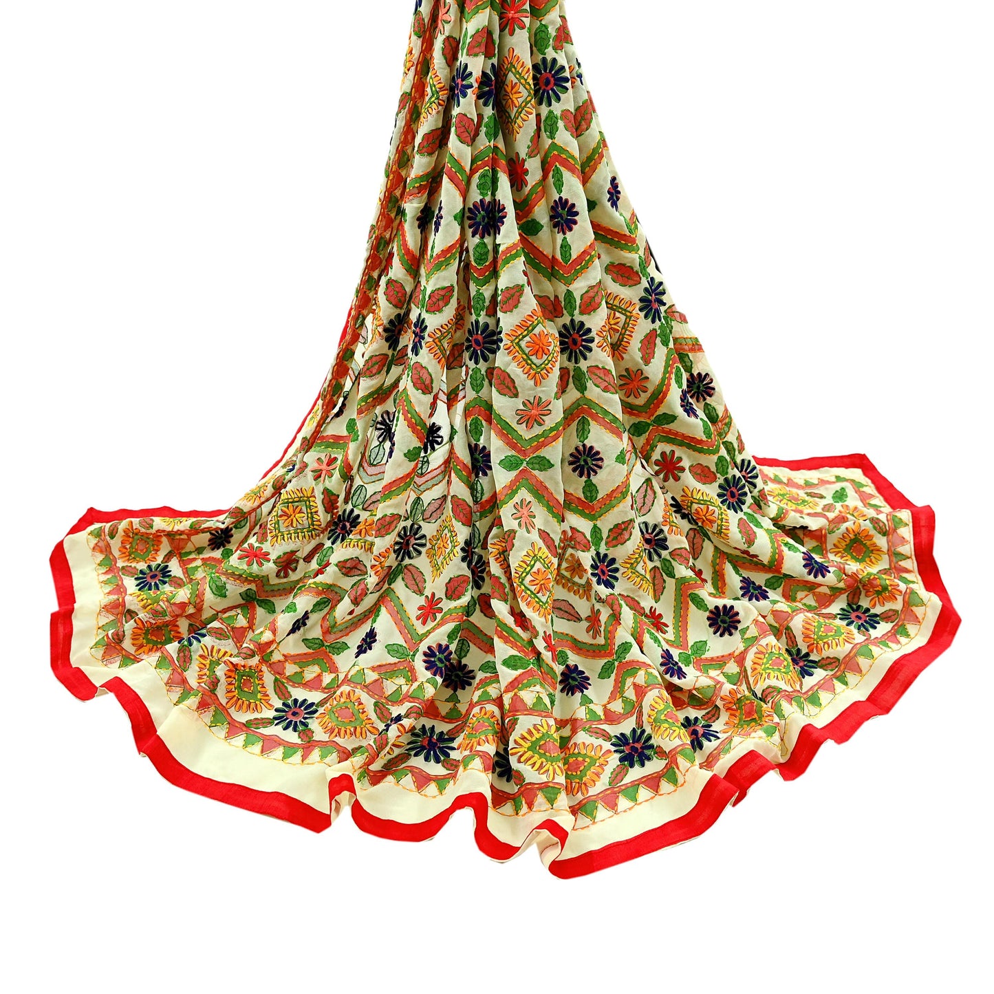 Indian Vintage Dupatta Ivory Long Stole Georgette Hand Embroidered Bagh Phulkari Stole Scarves Party wear