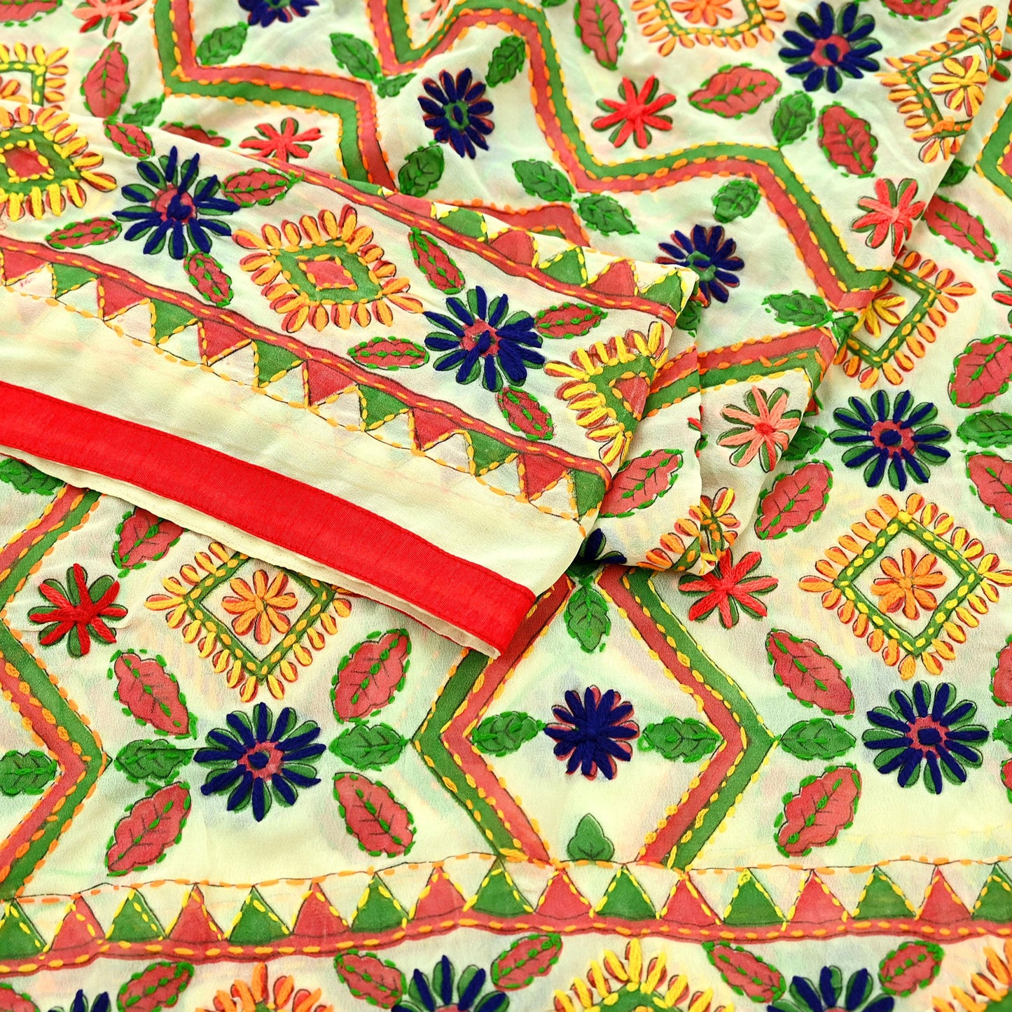 Indian Vintage Dupatta Ivory Long Stole Georgette Hand Embroidered Bagh Phulkari Stole Scarves Party wear