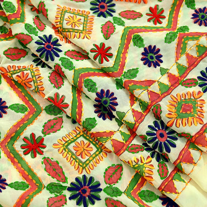 Indian Vintage Dupatta Ivory Long Stole Georgette Hand Embroidered Bagh Phulkari Stole Scarves Party wear