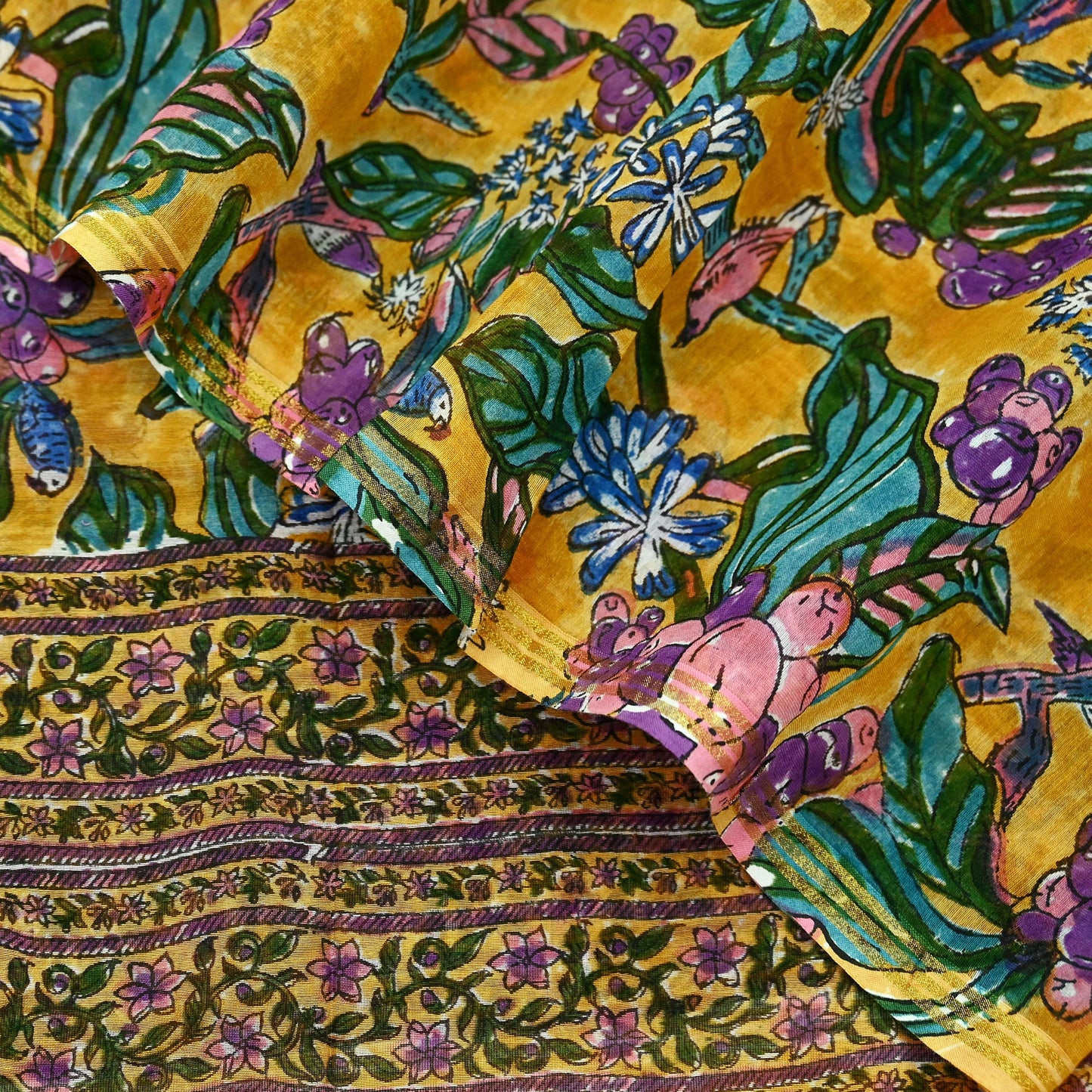 Indian Vintage Saffron Dupatta Long Stole Hand Block Print Pure Chanderi Silk Scarves Veil Golden Zari