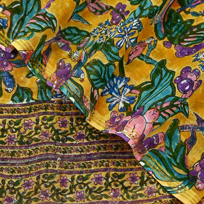 Indian Vintage Saffron Dupatta Long Stole Hand Block Print Pure Chanderi Silk Scarves Veil Golden Zari