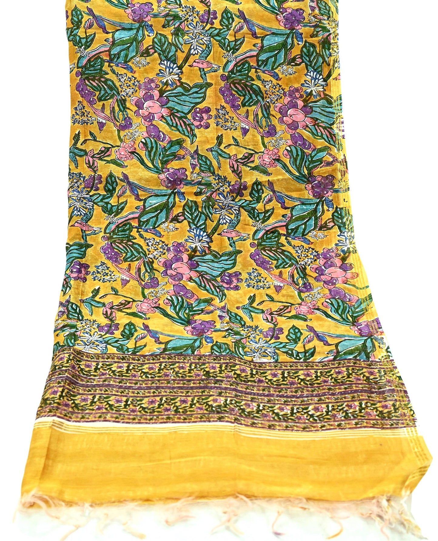Indian Vintage Saffron Dupatta Long Stole Hand Block Print Pure Chanderi Silk Scarves Veil Golden Zari