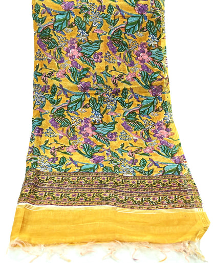 Indian Vintage Saffron Dupatta Long Stole Hand Block Print Pure Chanderi Silk Scarves Veil Golden Zari