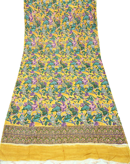 Indian Vintage Saffron Dupatta Long Stole Hand Block Print Pure Chanderi Silk Scarves Veil Golden Zari