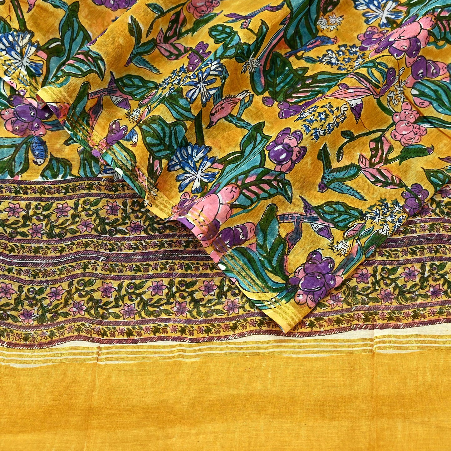 Indian Vintage Saffron Dupatta Long Stole Hand Block Print Pure Chanderi Silk Scarves Veil Golden Zari