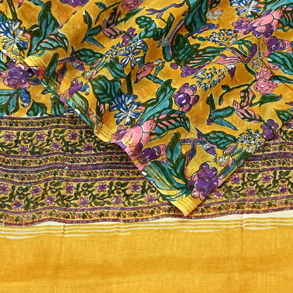 Indian Vintage Saffron Dupatta Long Stole Hand Block Print Pure Chanderi Silk Scarves Veil Golden Zari