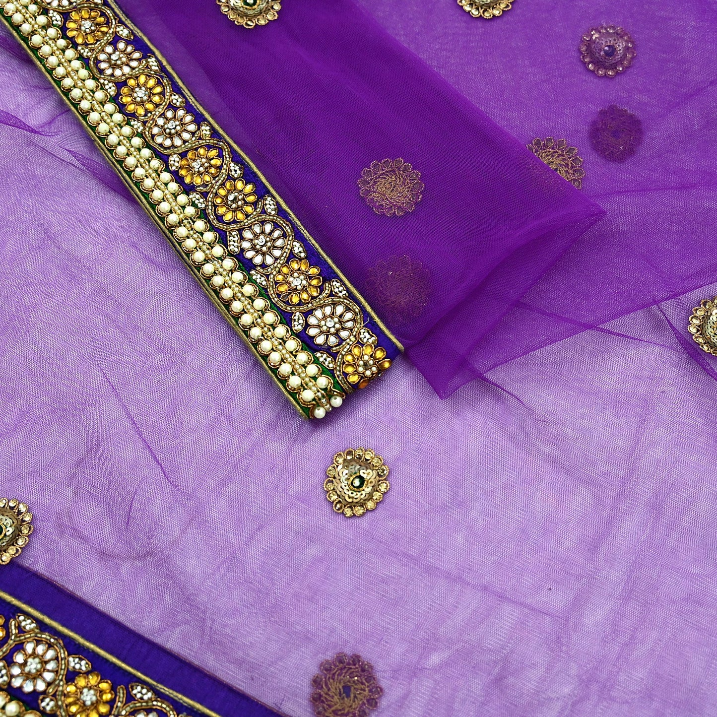 Indian Vintage Heavy Wedding Purple Dupatta Net Mesh Long Stole Hand Embroidered Scarves Golden Zardozi Dabka Zari Stole