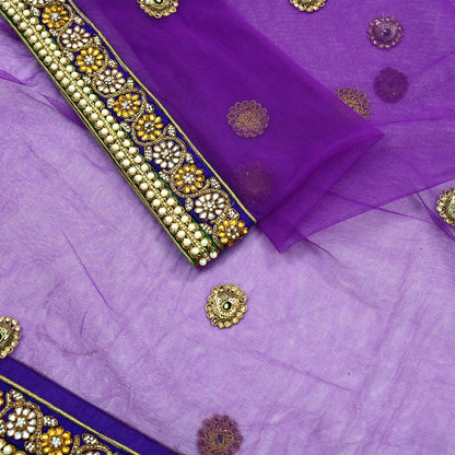 Indian Vintage Heavy Wedding Purple Dupatta Net Mesh Long Stole Hand Embroidered Scarves Golden Zardozi Dabka Zari Stole