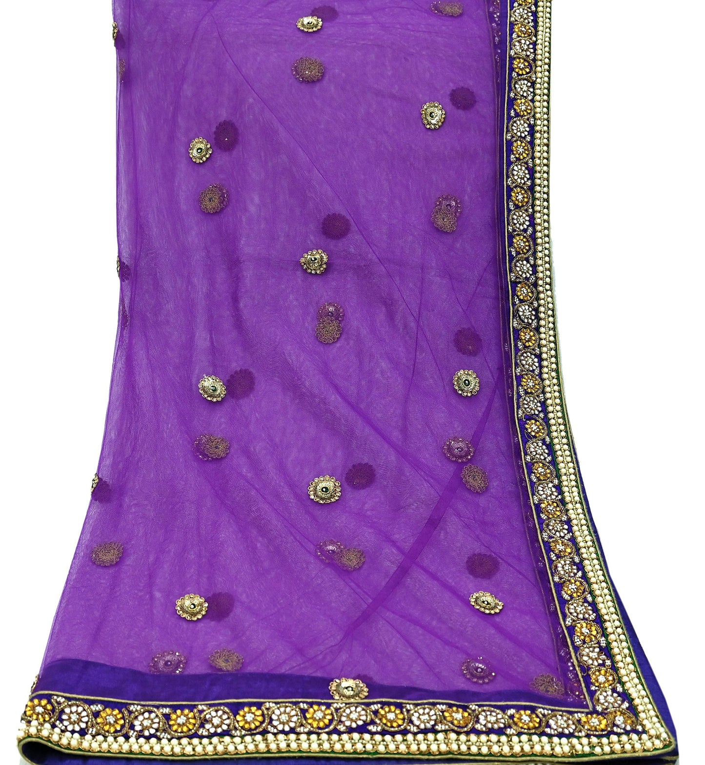Indian Vintage Heavy Wedding Purple Dupatta Net Mesh Long Stole Hand Embroidered Scarves Golden Zardozi Dabka Zari Stole