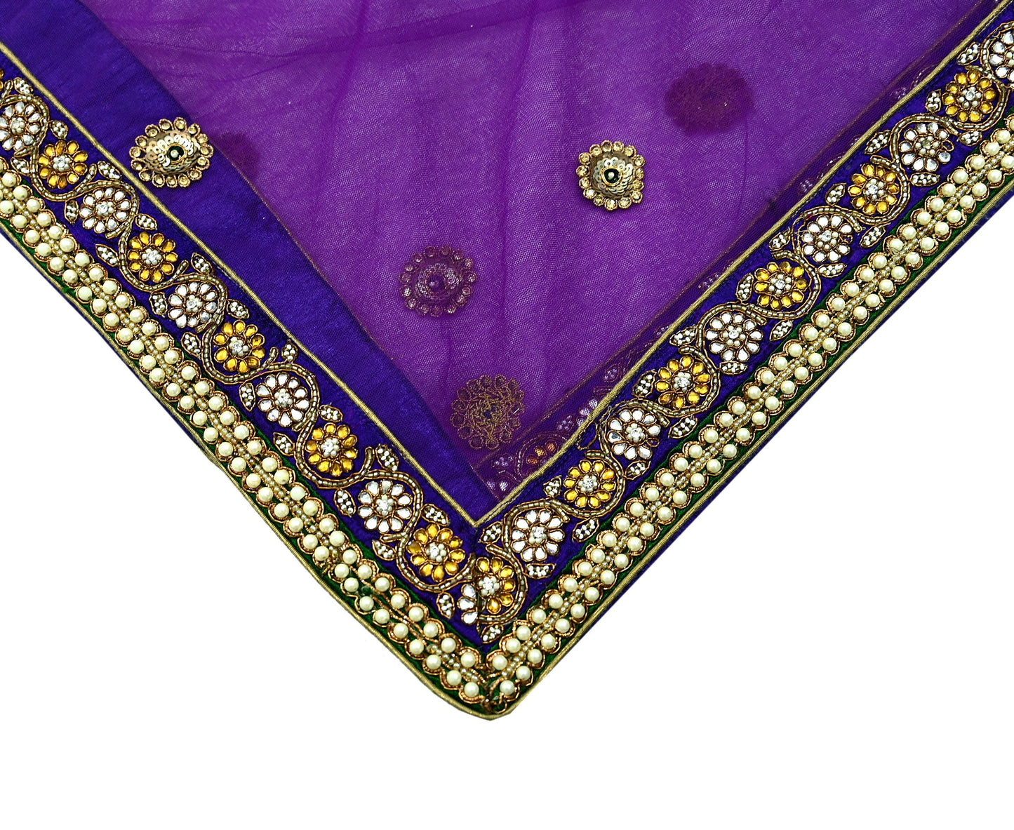 Indian Vintage Heavy Wedding Purple Dupatta Net Mesh Long Stole Hand Embroidered Scarves Golden Zardozi Dabka Zari Stole