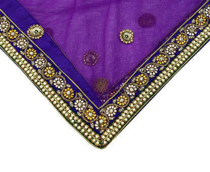 Indian Vintage Heavy Wedding Purple Dupatta Net Mesh Long Stole Hand Embroidered Scarves Golden Zardozi Dabka Zari Stole