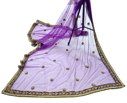 Indian Vintage Heavy Wedding Purple Dupatta Net Mesh Long Stole Hand Embroidered Scarves Golden Zardozi Dabka Zari Stole