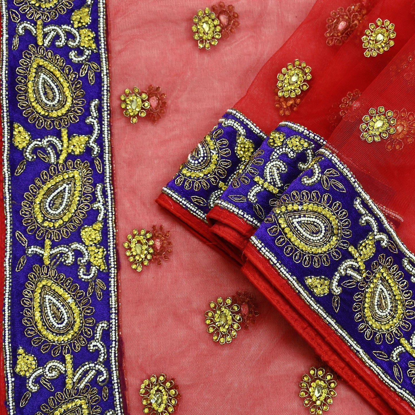 Indian Vintage Heavy Bridal Red Dupatta Net Mesh Long Stole Hand Embroidered Scarves Golden Zardozi Dabka Zari Sequins Wedding Veil Hijab