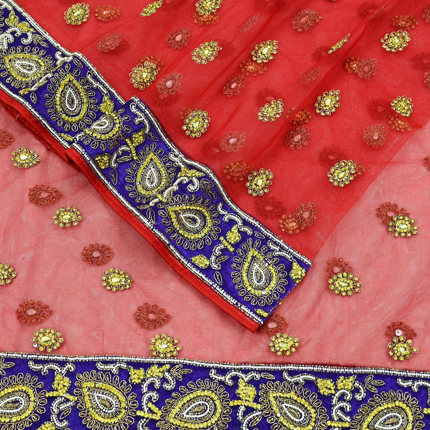 Indian Vintage Heavy Bridal Red Dupatta Net Mesh Long Stole Hand Embroidered Scarves Golden Zardozi Dabka Zari Sequins Wedding Veil Hijab