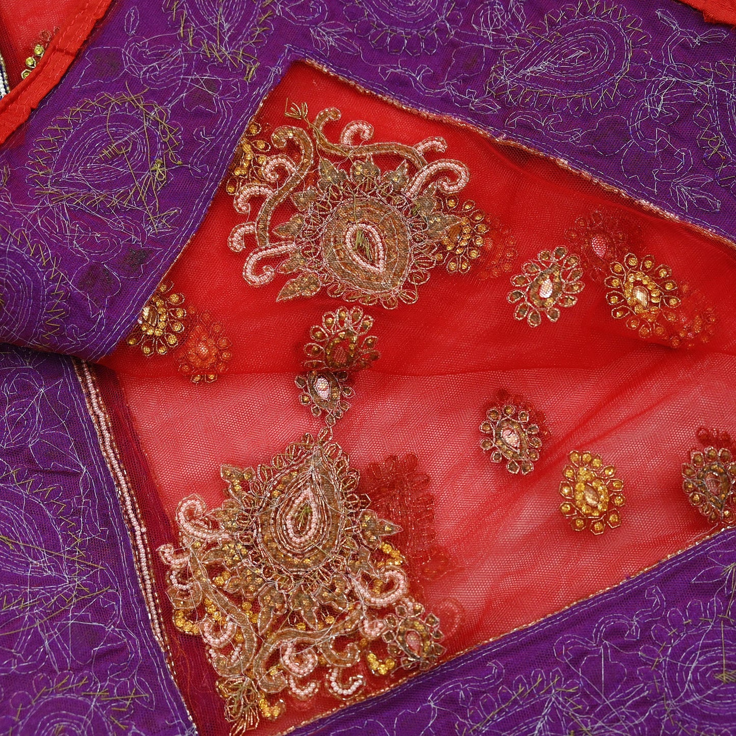 Indian Vintage Heavy Bridal Red Dupatta Net Mesh Long Stole Hand Embroidered Scarves Golden Zardozi Dabka Zari Sequins Wedding Veil Hijab
