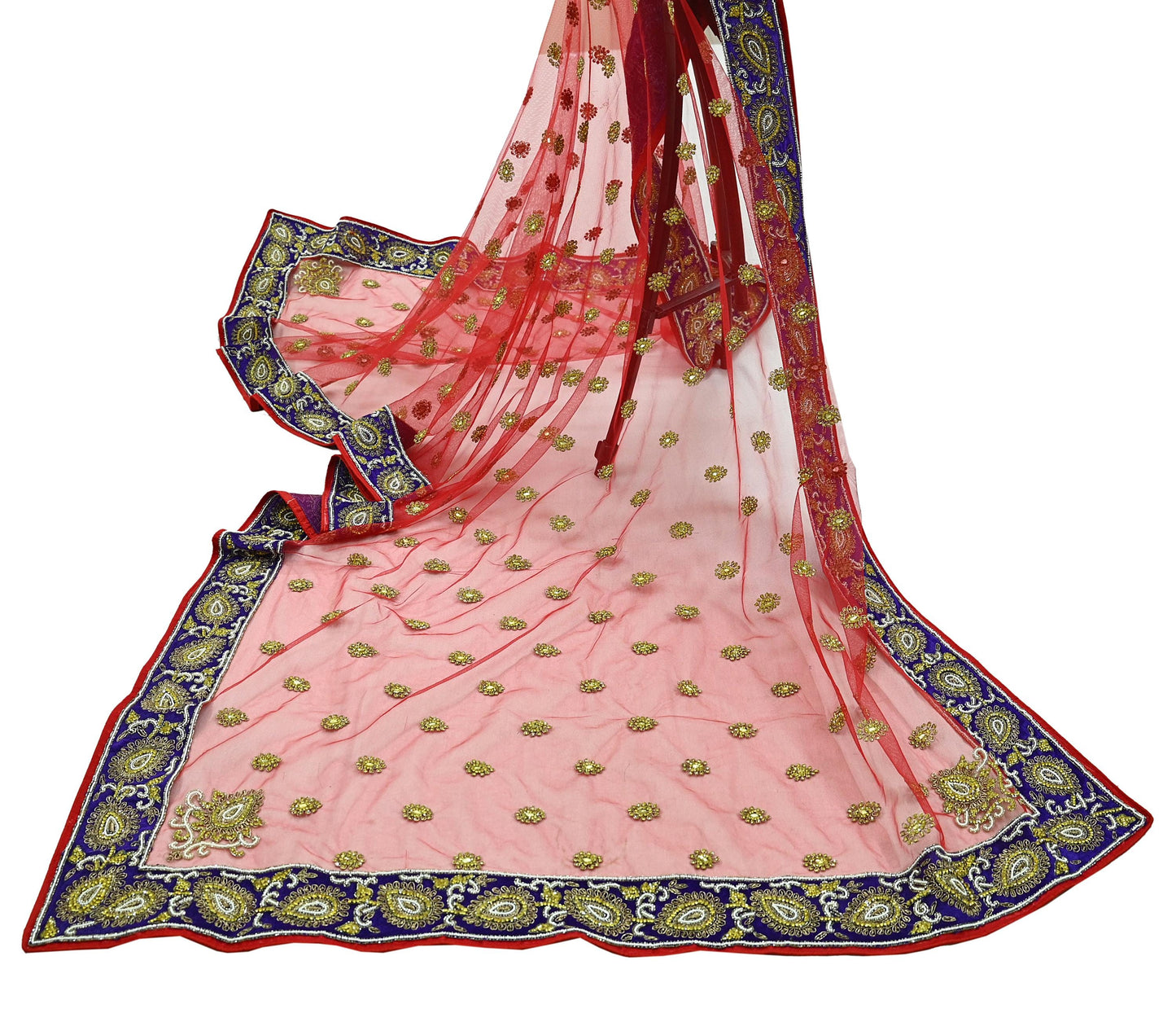 Indian Vintage Heavy Bridal Red Dupatta Net Mesh Long Stole Hand Embroidered Scarves Golden Zardozi Dabka Zari Sequins Wedding Veil Hijab
