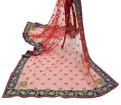 Indian Vintage Heavy Bridal Red Dupatta Net Mesh Long Stole Hand Embroidered Scarves Golden Zardozi Dabka Zari Sequins Wedding Veil Hijab