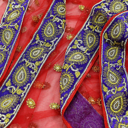Indian Vintage Heavy Bridal Red Dupatta Net Mesh Long Stole Hand Embroidered Scarves Golden Zardozi Dabka Zari Sequins Wedding Veil Hijab