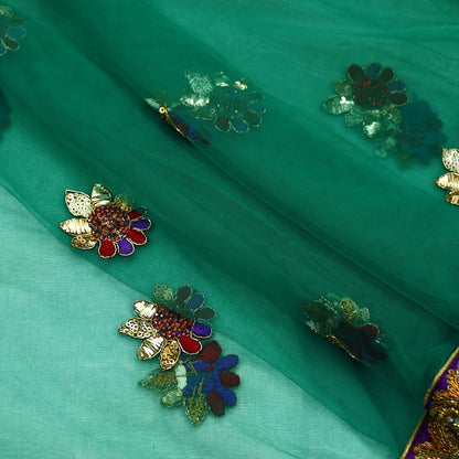Indian Vintage Heavy Bridal Green Net Dupatta | Hand Embroidered Zardozi Zari Sequins Stole | Floral Design Hijab Veil | Wedding/Party Wear