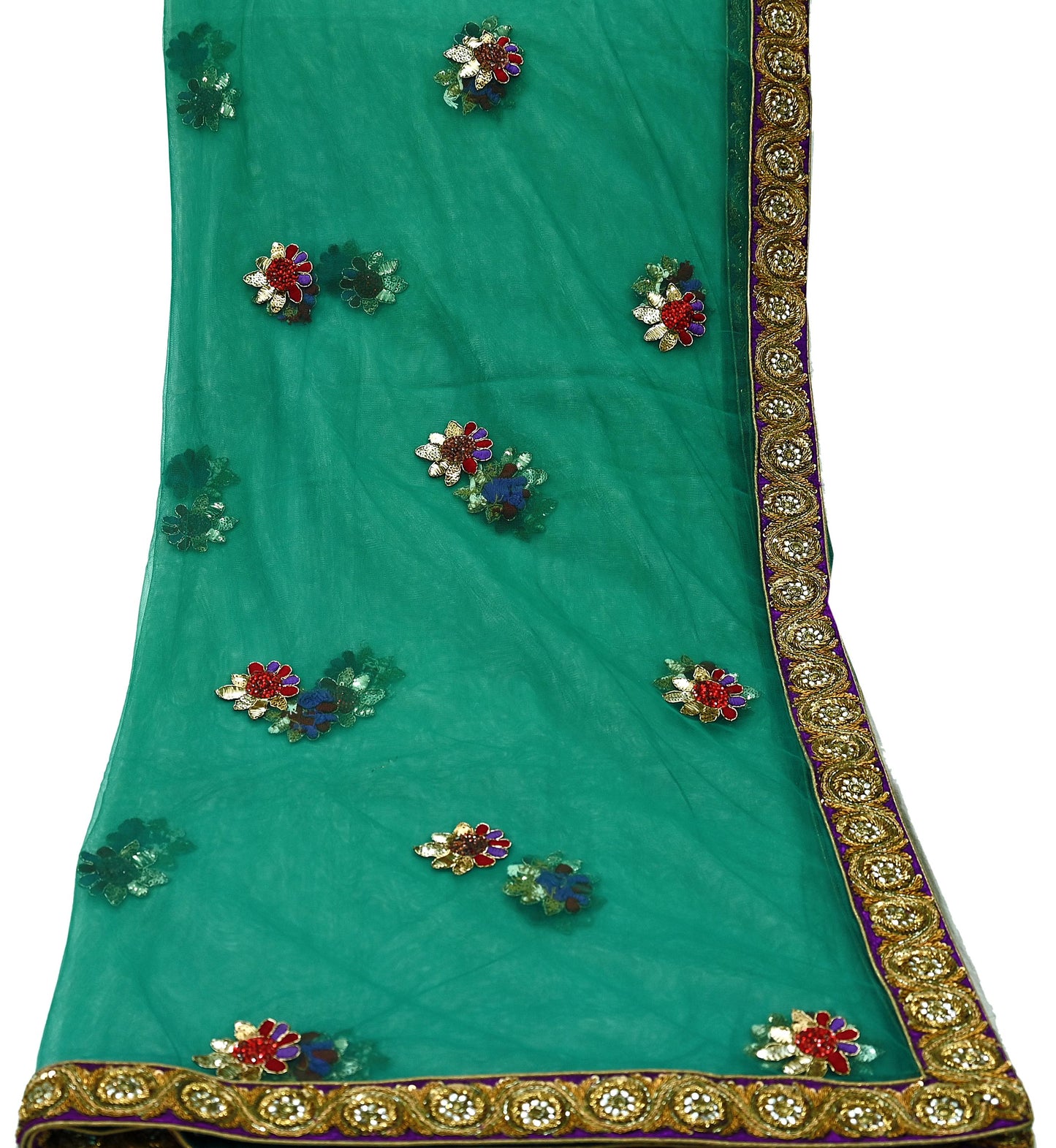 Indian Vintage Heavy Bridal Green Net Dupatta | Hand Embroidered Zardozi Zari Sequins Stole | Floral Design Hijab Veil | Wedding/Party Wear