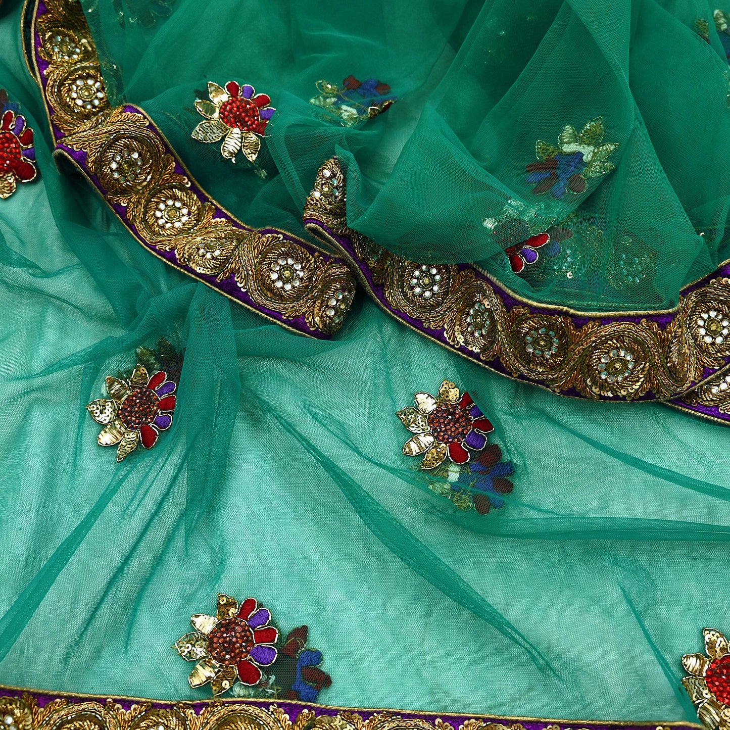 Indian Vintage Heavy Bridal Green Net Dupatta | Hand Embroidered Zardozi Zari Sequins Stole | Floral Design Hijab Veil | Wedding/Party Wear