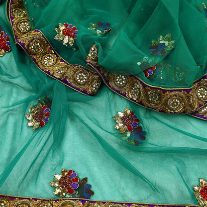 Indian Vintage Heavy Bridal Green Net Dupatta | Hand Embroidered Zardozi Zari Sequins Stole | Floral Design Hijab Veil | Wedding/Party Wear