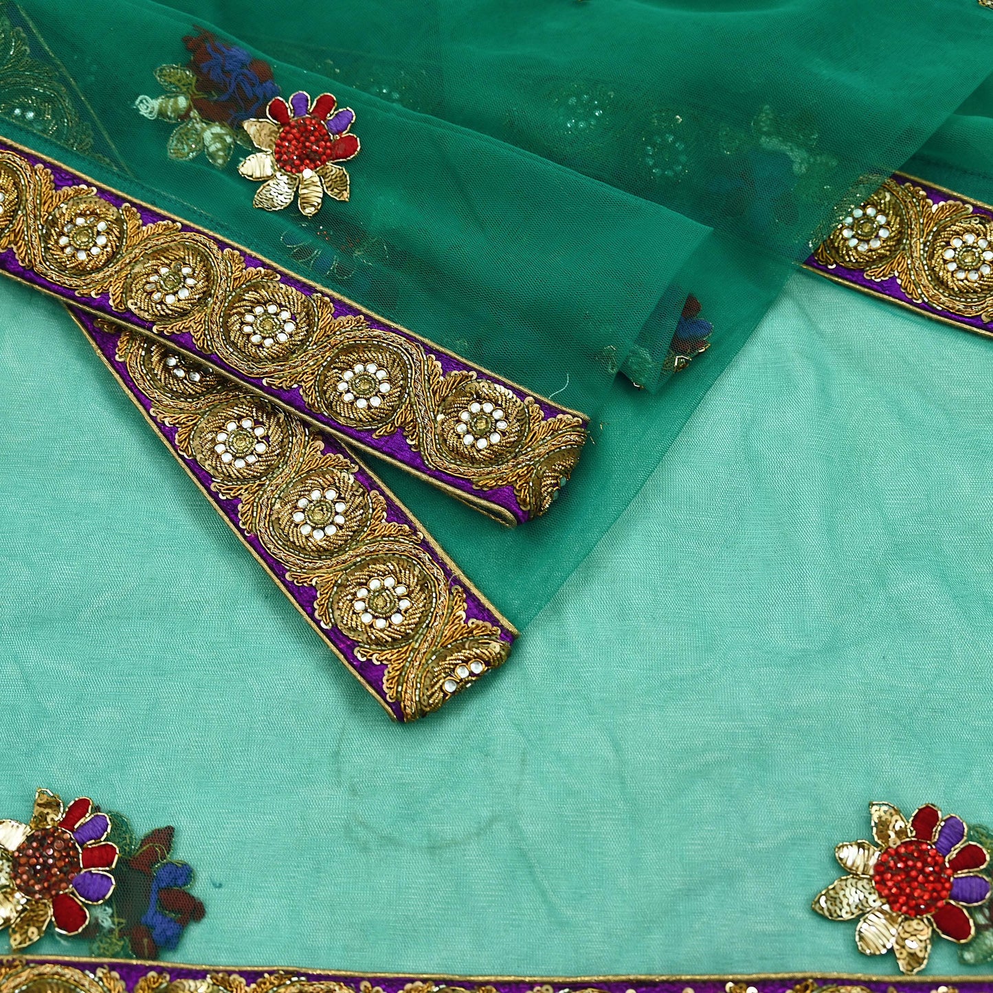 Indian Vintage Heavy Bridal Green Net Dupatta | Hand Embroidered Zardozi Zari Sequins Stole | Floral Design Hijab Veil | Wedding/Party Wear