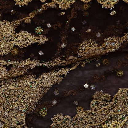 Indian Vintage Heavy Brown Dupatta Net Mesh Long Stole Hand Embroidered Scarf Zardozi Zari Sequins Stole Bridal Veil