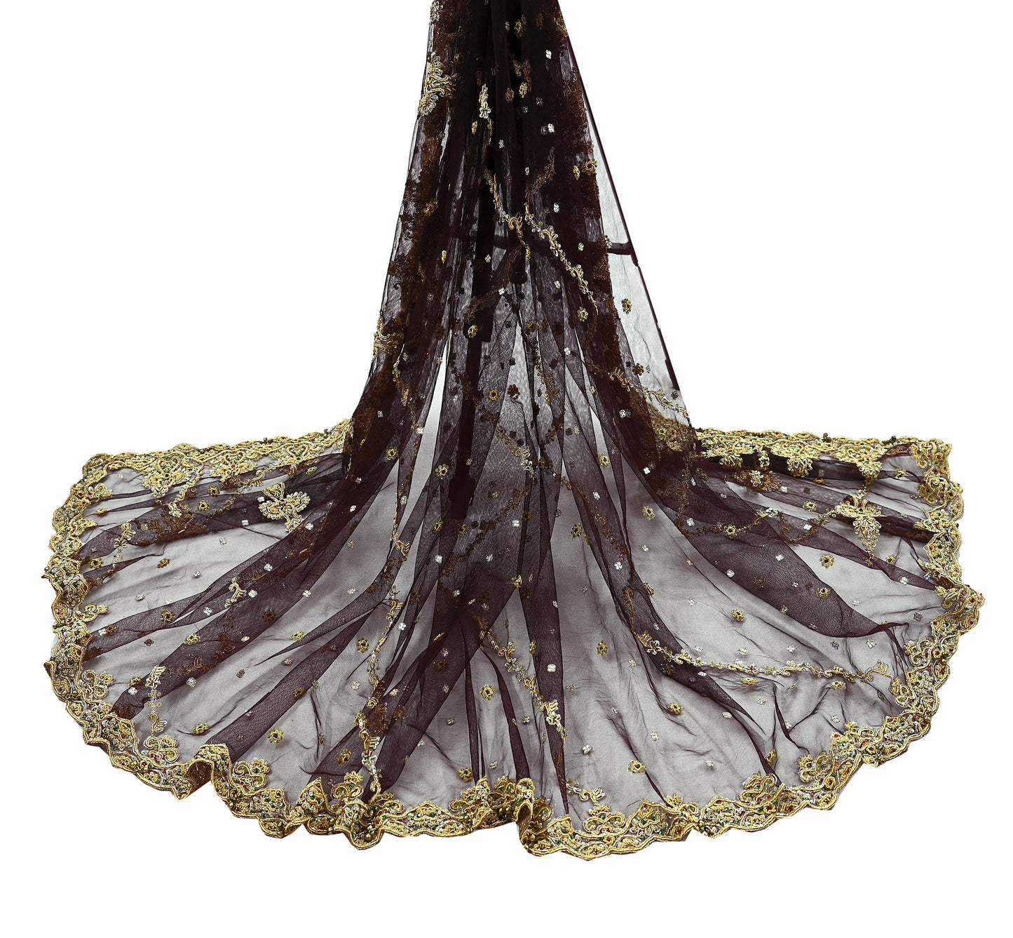 Indian Vintage Heavy Brown Dupatta Net Mesh Long Stole Hand Embroidered Scarf Zardozi Zari Sequins Stole Bridal Veil