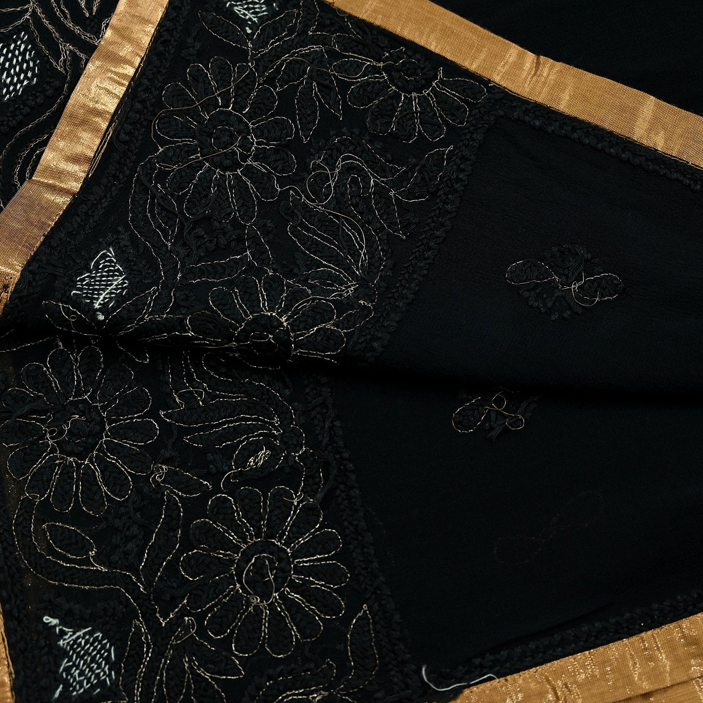 Indian Vintage Heavy Black Dupatta Pure Georgette silk Long Stole Hand Embroidered Chikankari Mukesh Stole Scarf Scarves