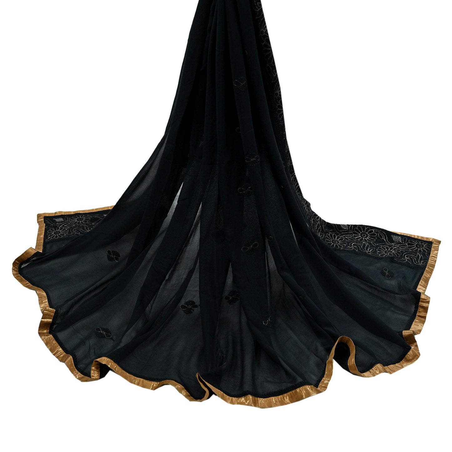Indian Vintage Heavy Black Dupatta Pure Georgette silk Long Stole Hand Embroidered Chikankari Mukesh Stole Scarf Scarves