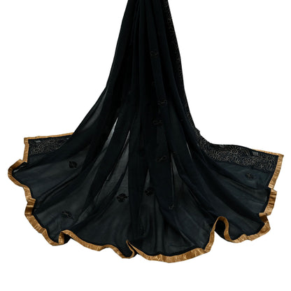 Indian Vintage Heavy Black Dupatta Pure Georgette silk Long Stole Hand Embroidered Chikankari Mukesh Stole Scarf Scarves