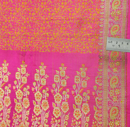 Indian Vintage Rani Pink Banarasi Brocade Saree | Heavy Wedding Sari in Pure Satin Silk | Woven Zari Fabric for Crafting, Dressmaking