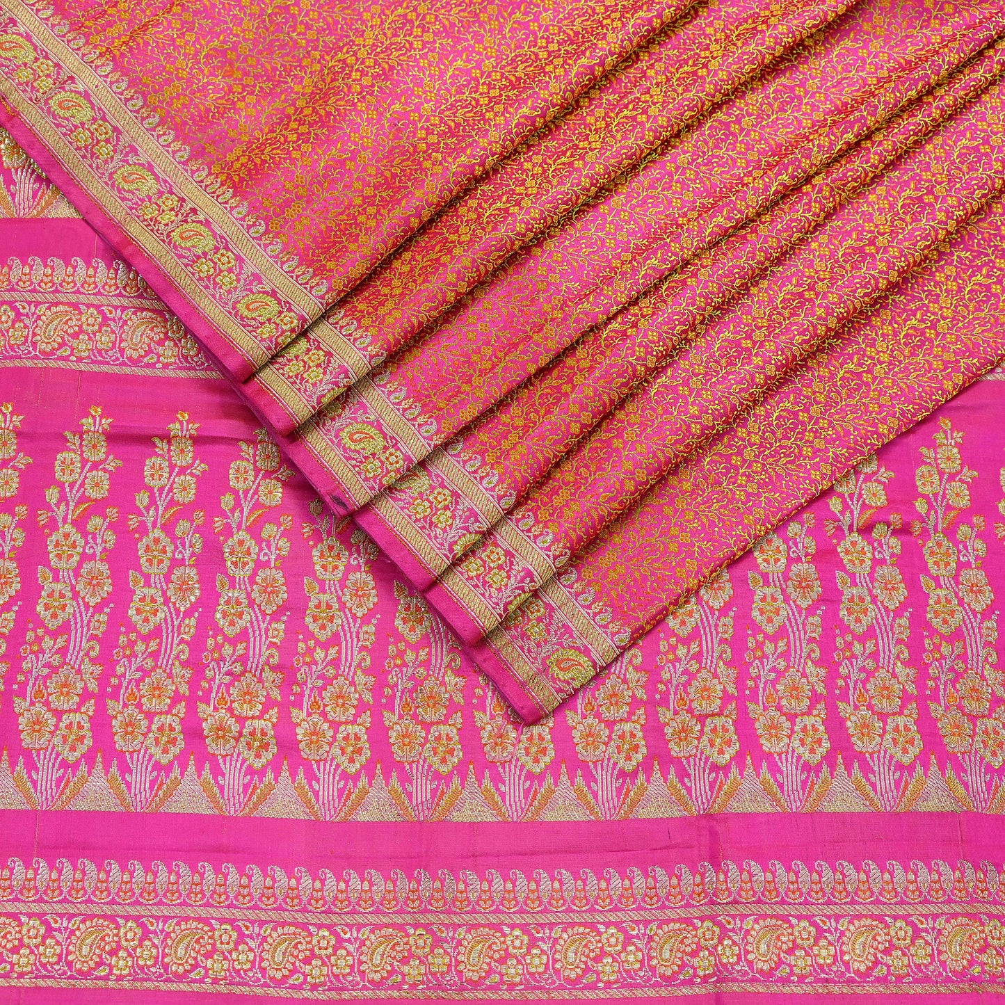 Indian Vintage Rani Pink Banarasi Brocade Saree | Heavy Wedding Sari in Pure Satin Silk | Woven Zari Fabric for Crafting, Dressmaking
