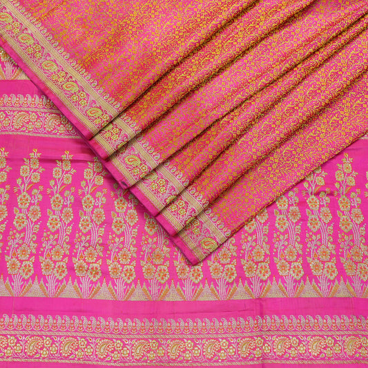 Indian Vintage Rani Pink Banarasi Brocade Saree | Heavy Wedding Sari in Pure Satin Silk | Woven Zari Fabric for Crafting, Dressmaking