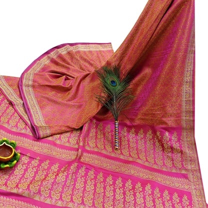 Indian Vintage Rani Pink Banarasi Brocade Saree | Heavy Wedding Sari in Pure Satin Silk | Woven Zari Fabric for Crafting, Dressmaking