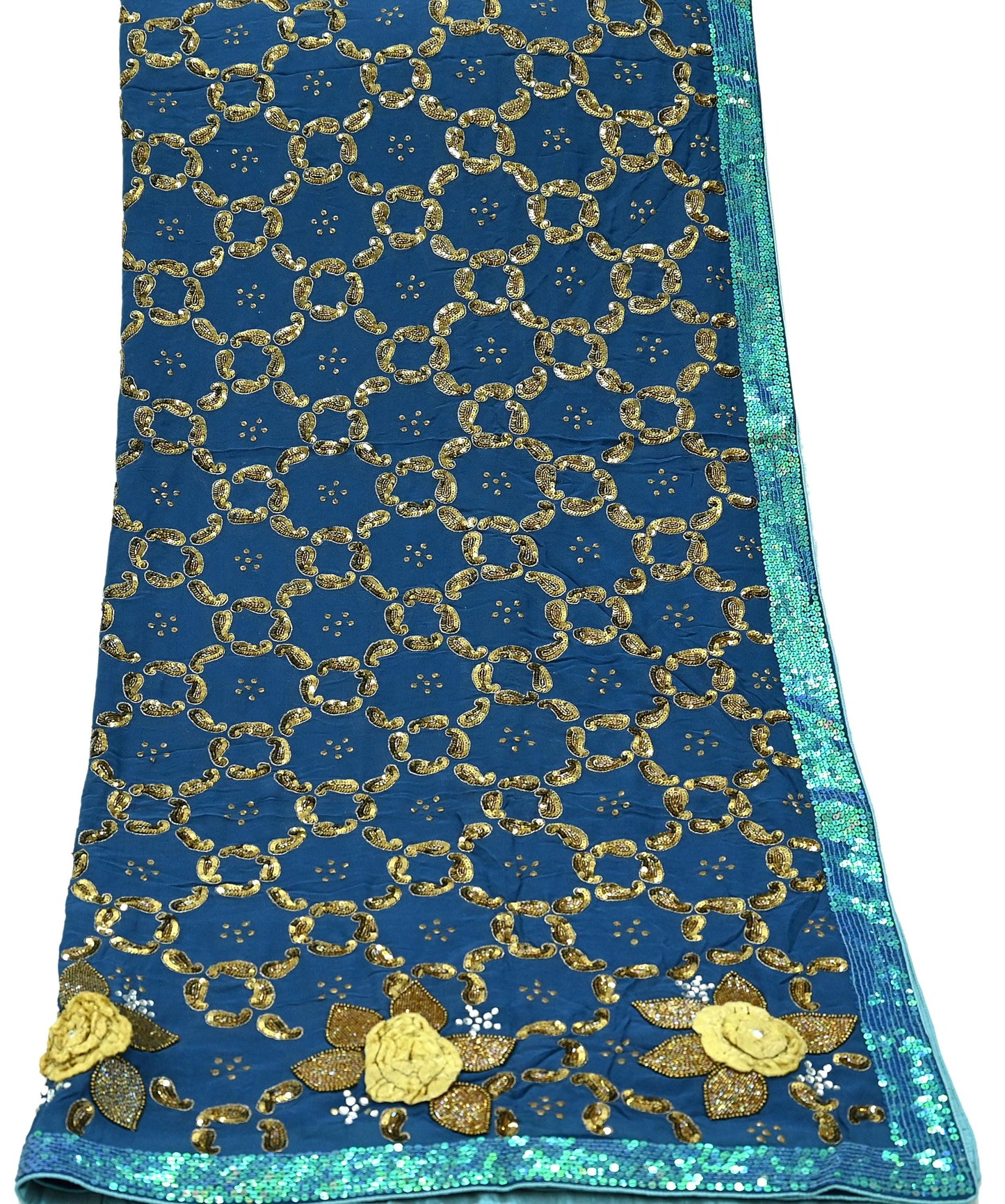 Indian Vintage Heavy Blue Dupatta Pure Georgette silk Long Stole Hand Embroidered Scarves Stole Veil Wrap Sequins