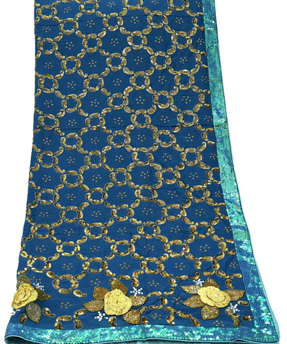 Indian Vintage Heavy Blue Dupatta Pure Georgette silk Long Stole Hand Embroidered Scarves Stole Veil Wrap Sequins