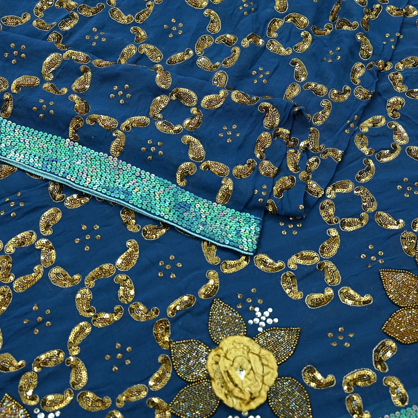 Indian Vintage Heavy Blue Dupatta Pure Georgette silk Long Stole Hand Embroidered Scarves Stole Veil Wrap Sequins
